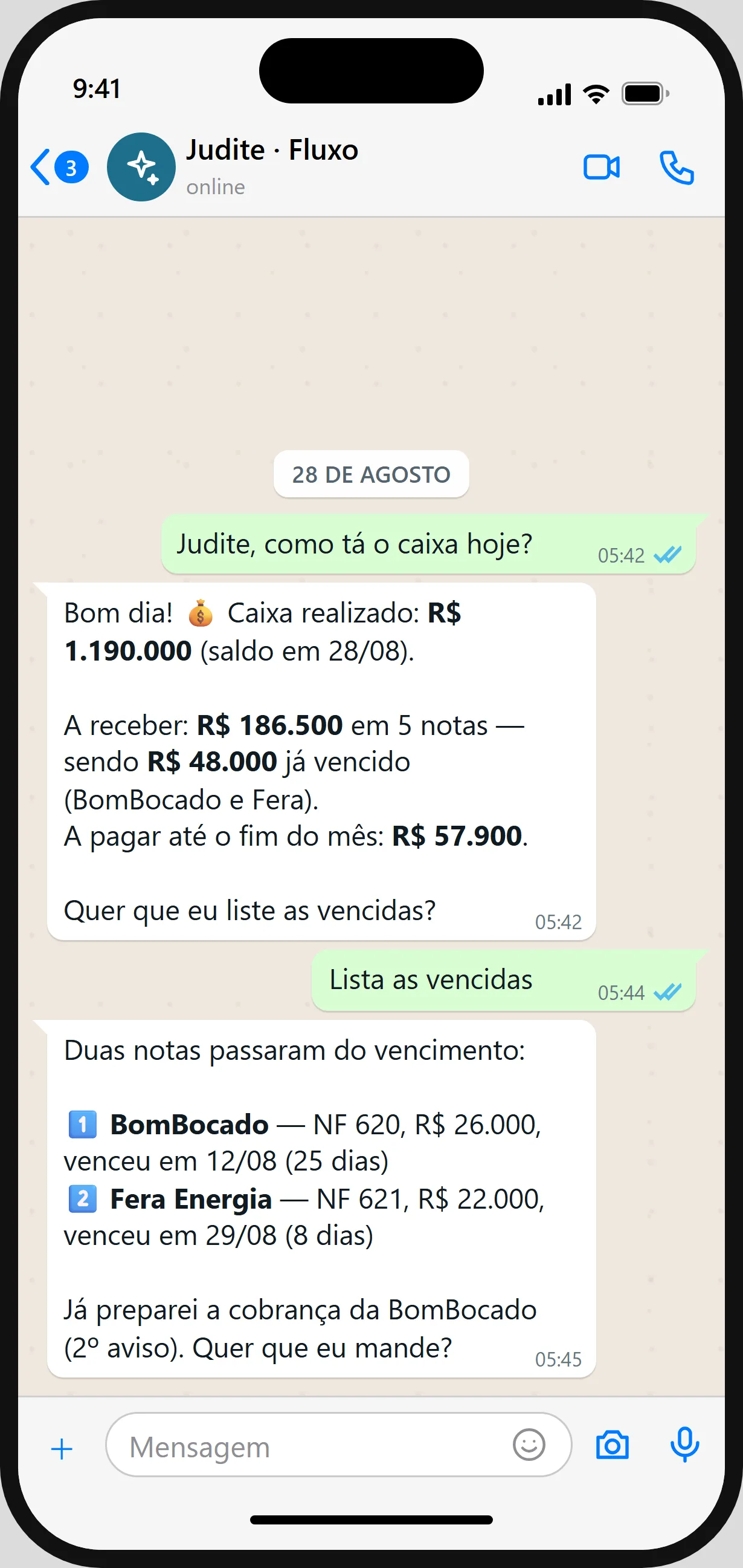 Judite no WhatsApp: o caixa do dia, as notas vencidas e a cobrança pronta